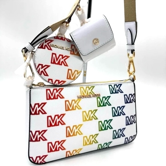 Michael Kors Jet Set Price Medium Crossbody W Tech Accessories Rainbow MK Logo - Picture 1 of 12